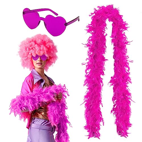 BETESSIN Boa di Piume Colorate di Struzzo per Abiti con Occhiali da Festa Cuore Senza Bordi Boa di Piume per Donna Travestimento Costume Danza Festa Nozze Notte Halloween Carnevale Natale Rosso Rosa