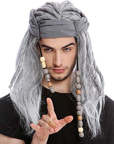 WIG ME UP 91531 Parrucca Uomo Pirata Bandana Dreadlocks Lunga Scompigliata Grigio mélange