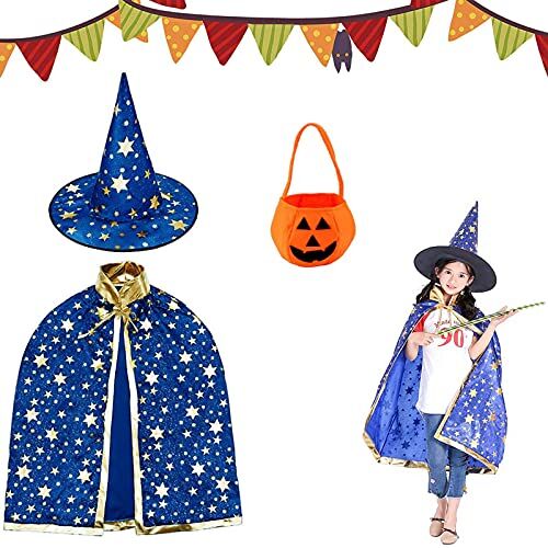 Tuofang Mantello da Strega di Halloween, Halloween Costume Strega Bambina, Mantello da Mago per Bambini con Cappello y Borsa di zucca, per Festa di Cosplay di Halloween per Ragazzo e Ragazza (Blu)