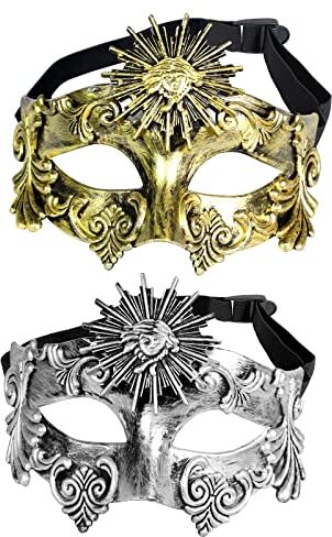 VKI ® 2 pezzi Maschera Veneziana, Vintage Medievale Roma Il Sole Maschere Carnevale, Maschera Halloween Adulto, Oro e Argento