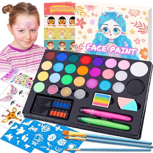 Chennyfun Colori Trucco Viso Bambini, 24 Colori Body Paint Tavolozza con Disegni Libro di Insegnamento, Split Cake Face Paint, 3 Glitters, 3 Pennelli Kit Halloween Trucco Carnevale Pasquale