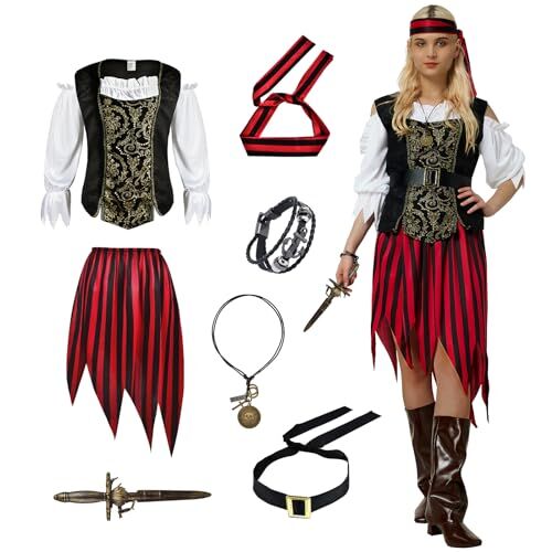 WELLCHY Costume Pirata Donna, Vestito Pirata Donna, Set di Abiti Pirata Adulto con Top da Pirata, Gonna, Fascia da Pirata, Cintura, Collana, Bracciale per Halloween e Carnevale (M)