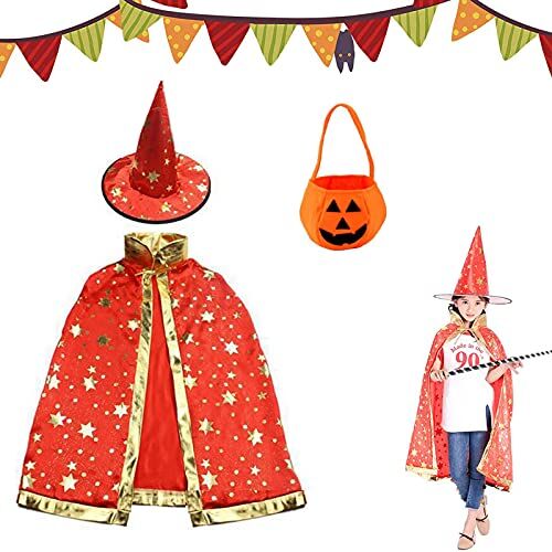 Tuofang Mantello da Strega di Halloween, Halloween Costume Strega Bambina, Mantello da Mago per Bambini con Cappello y Borsa di zucca, per Festa di Cosplay di Halloween per Ragazzo e Ragazza (Rosso)