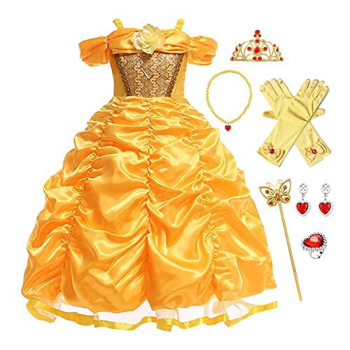 FMYFWY Costume da Principessa Belle Ragazze Bellezza e la Bestia Carnevale Costumi Vestito da Festa Fantasia Vestono Natale Halloween Compleanno Cerimonia Abiti con Accessori 6-7