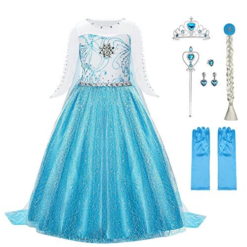 URAQT Elsa Costume, Set da Principessa Elsa Corona Bacchetta Guanti Treccia, Elsa Costume di Cosplay Party Halloween Costume Abito delle Ragazze di Natale Vestito Fantasia (100CM, verde chiaro-A)