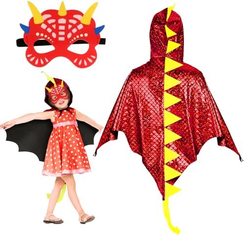 Landifor MJWL 2pz Costume da Mantello da Dinosauro Mantello Dinosauro Bambino Dinosauri per Bambini Mantello con Maschera Cosplay Drago Rosso-per Bambini Festa Regalo Carnevale Travestimento