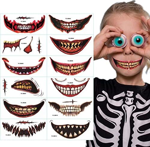 Xzbling 2 PCS Kit di Tatuaggi temporanei di Halloween, 2-PCS Cosplay Clown Autoadesivo del Tatuaggio Temporaneo, Forniture per Feste di Halloween Puntelli per Foto Costumi Trucco per Il Viso