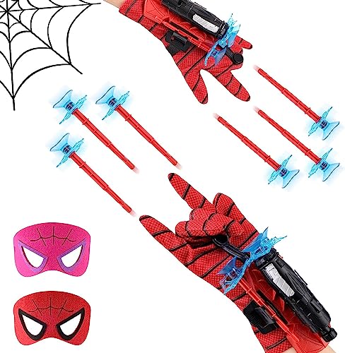 MINISOISO Launcher Glove, Set di 2 Spara Ragnatele Spiderman, Spiderman Glove Launcher Giocattoli, Guanti Cosplay per Bambini, con Due Maschere