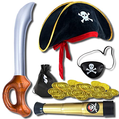 YISKY Pirata Accessori Bambini, Set di Accessori per Pirata, Pirata Cappello, Pirata Bastone Spada, Benda Occhi, Cannocchiale, Borsa Tesoro con 20 Monete d’Oro, per Spettacoli Travestimenti Pirata