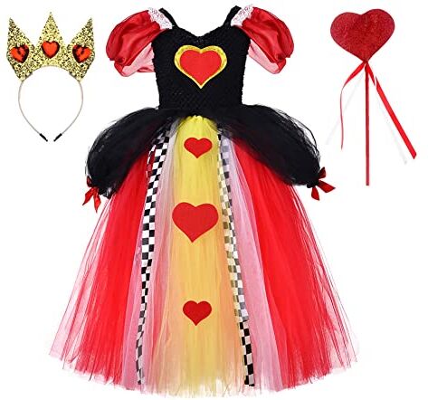 IMEKIS Ragazza Costume da Regina di Cuori Alice nel Paese delle Meraviglie Halloween Vestire con Bacchetta Magica Corona Cosplay Set Vestito da Principessa Blu e Grembiule da Compleanno Carnevale Vestiti