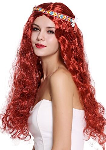 WIG ME UP 91298-ZA350 Parrucca Donna Uomo Carnevale Halloween Figlio Die Fiori Hippy Anni 60 e 70 Lunga Rosso Ondulata Riga in Mezzo Fascetta Fronte Fiore