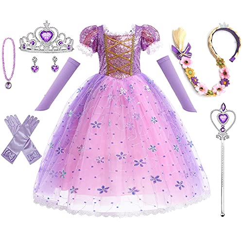 HEYOUTH Costume Carnevale Principessa Bambina,Vestito Rapunzel con 7 Accessori,Costume Vestito Bambina Principessa,Set da Principessa Corona Bacchetta,Cosplay Halloween Carnevale Abito per Ragazze -140 cm