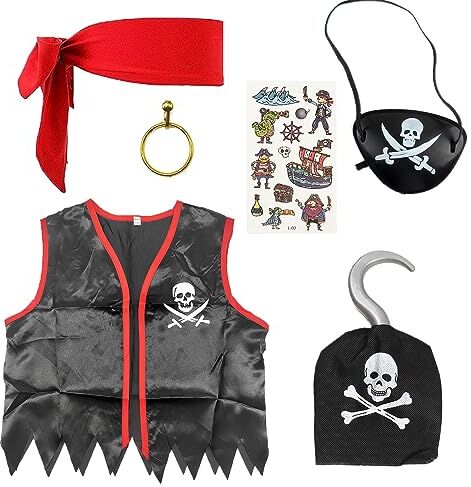 SKHAOVS 6 pezzi Party Bambini Pirata Costume,Pirata Cosplay Vestiti con Accesorios, Accessori per Costumi Includere Bandana Pirata,Pirata Collana,Orecchino,Adatto a Halloween,Carnevale (6 pezzi)