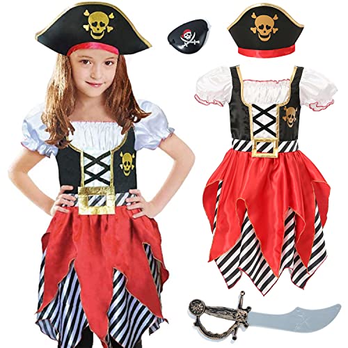 Wiclin Ragazze Costume Pirata Buccaneer Abito Principessa per Bambini Pirata Lass Costume Pirata Gioco di Ruolo Dress Up Set 3-4 Anni