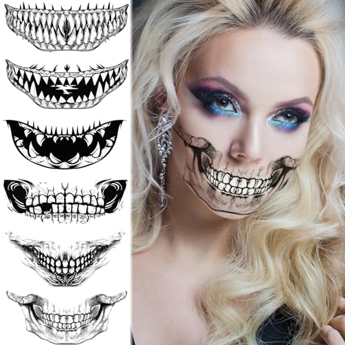 TsuperU Halloween tatuaggio viso Halloween costume donna accessori trucco tatuaggi temporanei bocca adesivi zombi scheletro vampiro accessori di scena cosplay tatuaggio horror halloween decorazione