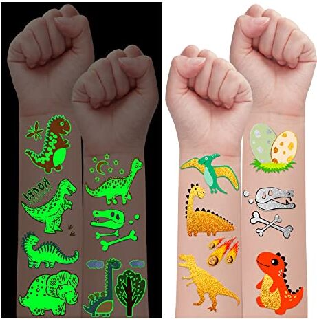 Leesgel Dinosauri Tatuaggi Temporanei Bambini, 37 Stili Luminosi + Metallici Glitter Tatouggi Dinosauri Stickers per Dinosaur Party Decorazioni Forniture Sacchetti Regalo Riempimento Favori