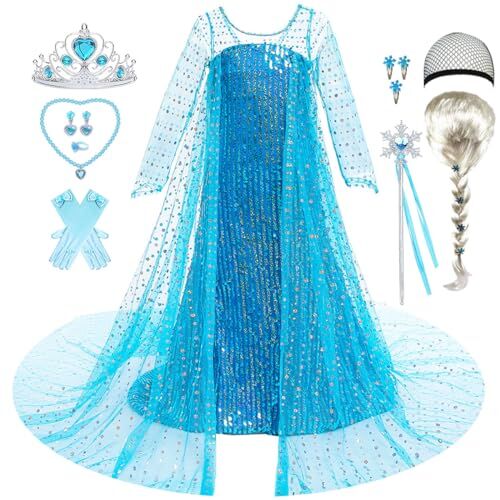 LiUiMiY Vestito Bambina Principessa Elsa Regina Abito Ragazze Blu con Accessori e Parrucca per Compleanno Carnevale Halloween