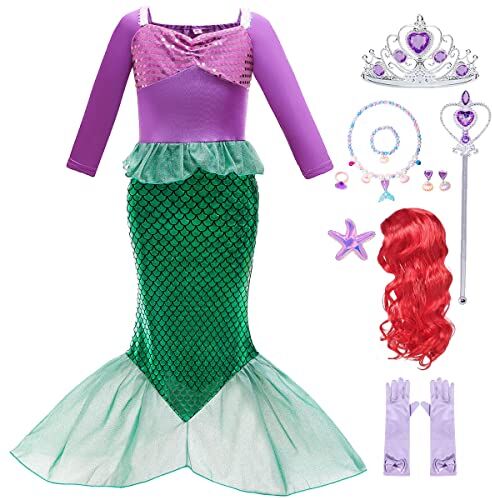 LiUiMiY Ragazze Principessa Sirenetta Ariel Costume Vestito Bambina Sirena con Accessori Compleanno Carnevale Natale, 7-8 Anni (Etichetta 150)