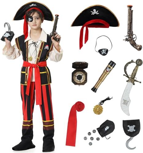 Enhenenhen Costume Pirata Bambino, Vestito Pirata Bambini, Costume da Pirata con set di Accessori, Halloween Carnevale Pirata Cosplay Costumi per Bambini dai 3 4 5 6 7 8 9 10 11 12 anni