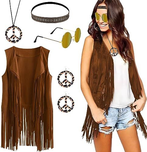 BIQIQI Costume Hippie Donna Anni 60 Anni 70 Gilet Nappa Occhiali da Sole Collana Orecchini Cerchietto Accessori Hippie Discoteca Festa di Halloween Natale Carnevale (L)