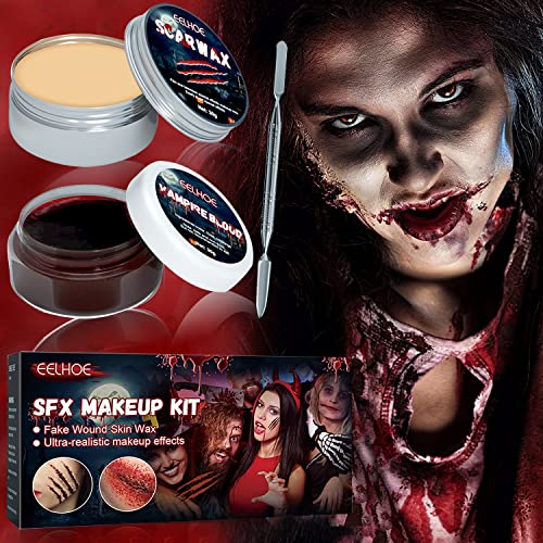 PATRICHOR Trucchi Carnevale Viso Make up Kit, Sangue Finto Accessori Halloween Trucco Sfx Effetti Speciali di Cera Cicatrice Finta + Fake Blood, Vampiro Zombie Carnevale Halloween Ferite