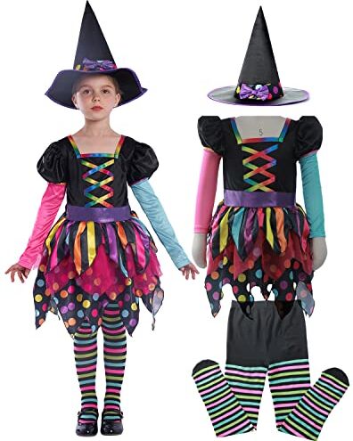 Sincere Party Deluxe Neon Strega Costume con Cappello, Collant per Ragazze 7-8 anni