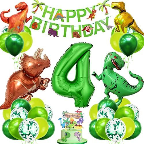 Bluelves Decorazioni Compleanno Dinosauri, Palloncino Numero 4，Decorazioni Compleanno 4 Anno, Festa Tema Dinosauri, Palloncini Compleanno Dinosauri per Bambini Festa nella Giungla