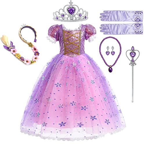 WOOLUCK ® Vestito Carnevale Bambina con 6 accessori,Vestito Carnevale Rapunzel Bambina,Cosplay Festa Nuziale Compleanno Carnevale Abito per Ragazze (130)