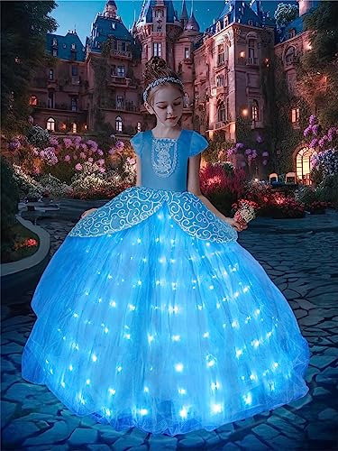 UPORPOR Magical Luminoso Vestito Cenerentola Bambina Principessa Carnevale Costume Vestiti Fata Ragazze Halloween Bambini Vestito Natale Feste Travestimenti, Blu 100