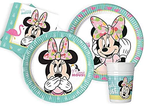 Ciao Kit Party Tavola Disney Minnie Tropical per 8 persone (44 pezzi: 8 piatti carta Ø23cm, 8 piatti carta Ø20cm, 8 bicchieri plastica 200ml, 20 tovaglioli carta 33x33cm)