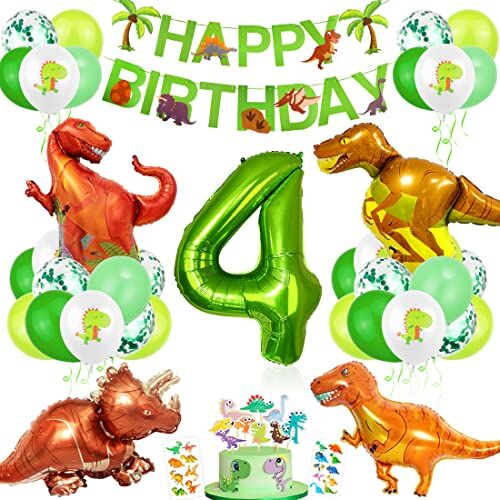 Bluelves Decorazioni Compleanno Dinosauri, Palloncino Numero 4，Decorazioni Compleanno 4 Anno, Festa Tema Dinosauri, Compleanno Party Ragazzo, Palloncini Compleanno Dinosauri per Bambini Festa nella Giungla