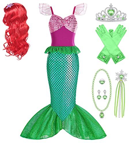 New front Costume da Sirenetta Ragazza Principessa Principessa Ariel con Parrucca 6 Accessori Costume Principessa per Festa di Compleanno Cosplay Natale Carnevale Halloween Dress Up,Verde,150