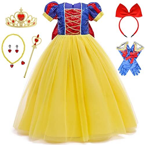 Windskids Biancaneve Costume e Accessori Bambina Cosplay Fiabe Snow White Abito da Principessa Natale Carnevale Halloween Festa di Capodanno Scintillante Fiocco Tulle Abiti da Sera Rosso 3-9 anni