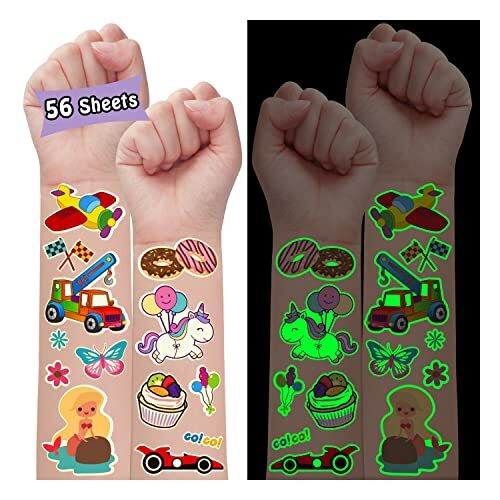 Leesgel 650(56 Fogli) Tatuaggi per Bambini, Misti Luminosi Stickers Bambini Adesivi Bambini Tatuaggi Temporanei, Gadget Compleanno Bambini Fluo Party Accessori Party Giochi Giocattoli