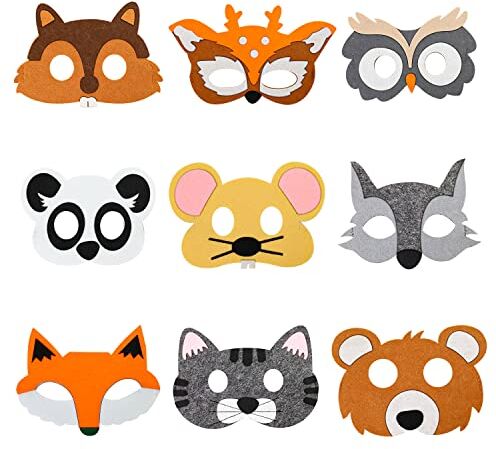 MYLERCT Maschere Animali, 9 Pezzi Maschere Feltro Animali, Morbide, Comode da Indossare, Riutilizzabili, Feltro Mascherine Cosplay per Feste di Cosplay per Compleanno, Natale, Halloween, Carnevale