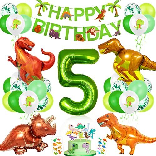 Bluelves Decorazioni Compleanno Dinosauri, Palloncino Numero 5，Decorazioni Compleanno 5 Anno, Festa Tema Dinosauri, Compleanno Party Ragazzo, Palloncini Compleanno Dinosauri per Bambini Festa nella Giungla