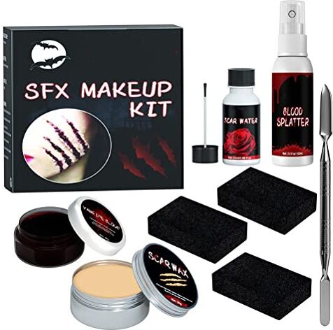 Srliya Kit Cera per Cicatrici Trucco Halloween, Set Trucco Zombie Ed Effetti Speciali, Kit Pittura Corpo Viso con Spatola, Acqua per Cicatrici, Spugna Nera (Set 1: borsa cosmetica di