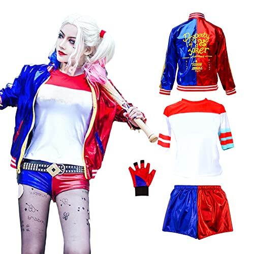 Kitimi Harley Quinn Costume Bambina Adulti Costume Bambino Donna Ragazze Harley Suicide Costume Outfit Kit Cappotto, Maglietta, Pantaloncini e Guanto per Carnevale Hallooween Cosplay Party