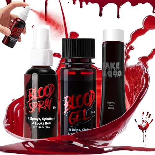 Spooktacular Creations 3 Confezioni Set di Sangue Finto di Halloween, Gel di Sangue di Halloween, Spray di Sangue e Tubo di Sangue di Vampiro per Costume di Halloween, Cosplay di Vampiri e Mostri