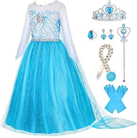 Gridamea Vestito Elsa Frozen Bambina-Costume Anna Ghiaccio Abito da Principessa con Corona/Bacchetta/Guanti/Treccia/Orecchini/Anello per Bambini Compleanno, Halloween, Feste, Cosplay