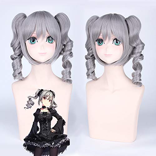 EQWR Halloween Fashion Christmas Party Dress Up Wig Idol Master Cinderella Girl Kanzaki Ranko Main Body + Double Curly Ponytail Cos Wig