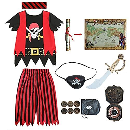 Sincere Party Costume da Pirata per Bambini, Set Completo di 8 Pezzi di Giochi di Ruolo da Pirata 5-6 Anni