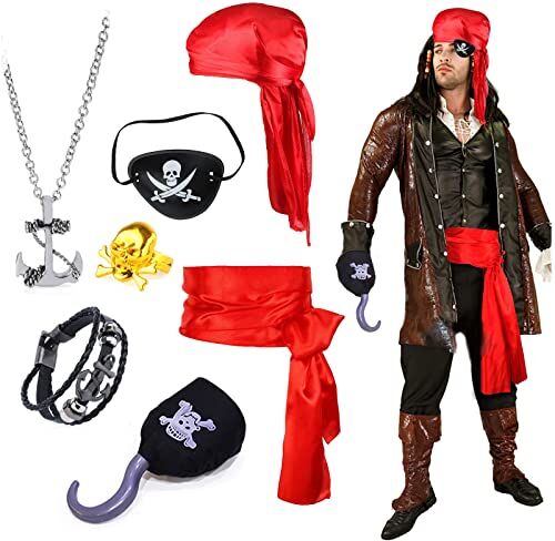 Hifot 7 Pezzi Accessori Costume da Pirata,Bandana da Pirata Capitano Orecchini Collana Benda sull'Occhio da Pirata Halloween Carnevale Feste Pirata Cosplay per Adulti Bambini