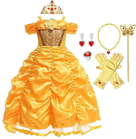 MYRISAM Costume da Principessa Belle per Ragazza Carnevale Costumi Halloween Cosplay Natale Festa Cerimonia Compleanno Partito Fantasia La Bella e La Bestia Abiti con Accessori 6-7