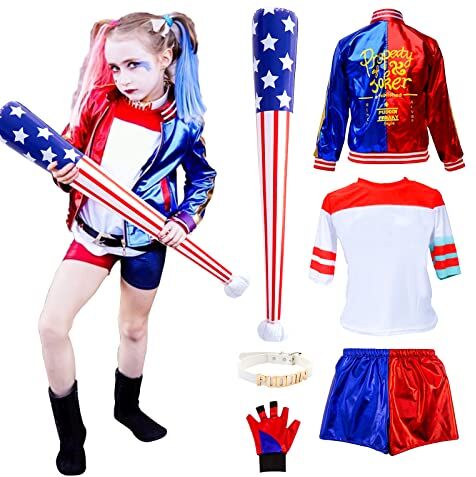 Kitimi Harley Quinn Costume Bambina Adulti Costume Bambino Donna Ragazze Harley Suicide Costume Outfit Kit Cappotto, Maglietta, Pantaloncini e Guanto per Carnevale Hallooween Cosplay Party