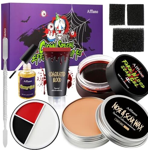 Afflano Halloween Makeup Set SFX Zombie Vampiro Clown Trucco,  Joker Scheletro Costume Fantasia Festa Palcoscenico Effetti Speciali SFX Trucco Set, Viso Corpo Vernice Ferita Cicatrice Cera Sangue Finto