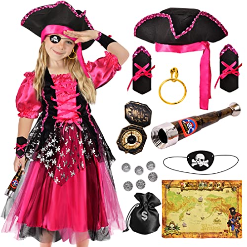 Tacobear Costume Pirata Bambina Vestito Principessa Pirata Lussuoso con Accessori Pirata Cappello Bussola Telescopio Mappa Costume Carnevale Halloween per Bambini Ragazza 3-10 Anni (3-4 anni)