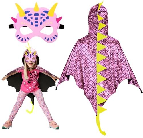 Landifor 2pz Costume da Mantello da Dinosauro Mantello Dinosauro Bambino Dinosauri per Bambini Mantello con Maschera Cosplay Drago Nero-per Bambini Festa Idea Regalo Carnevale Travestimento (Rosa)