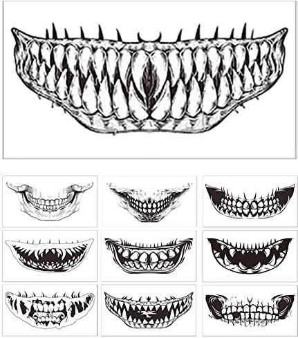 lembrd 5 Pcs Tatuaggi temporanei della bocca dell'orrore di Halloween   0 pz Nero Horror Clown Bocca Denti Adesivi Tatoo Sweatproof Puntelli per feste in maschera di Halloween per il trucco del