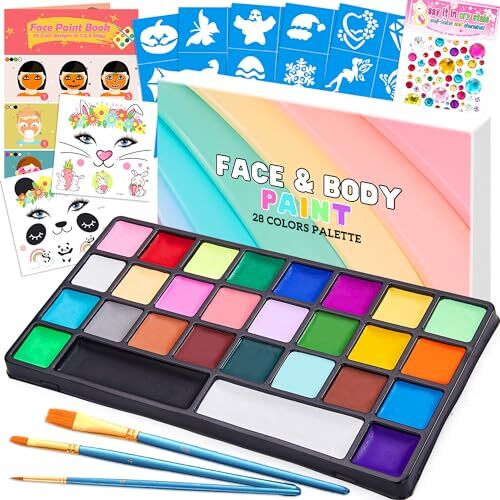 Chennyfun Colori Trucco Viso Bambini, 28 Colori Body Paint Tavolozza con Disegni Libro di Insegnamento, 30 Modelli di Pittura, 3 Pennelli Kit Halloween Pasqua Trucco Carnevale Pasquale